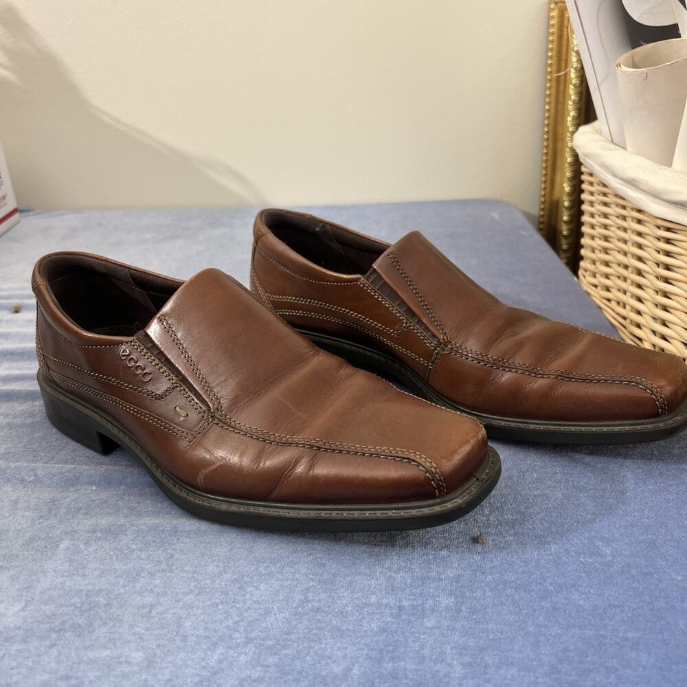 ECCO Brown Leather Slip On Loafers Square Toe Shoes Size 44 Shock Point